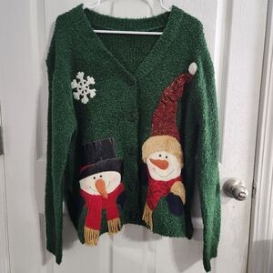 Christmas Vintage novelty shacket embroidered snowmen fur textured Green cozy Lg